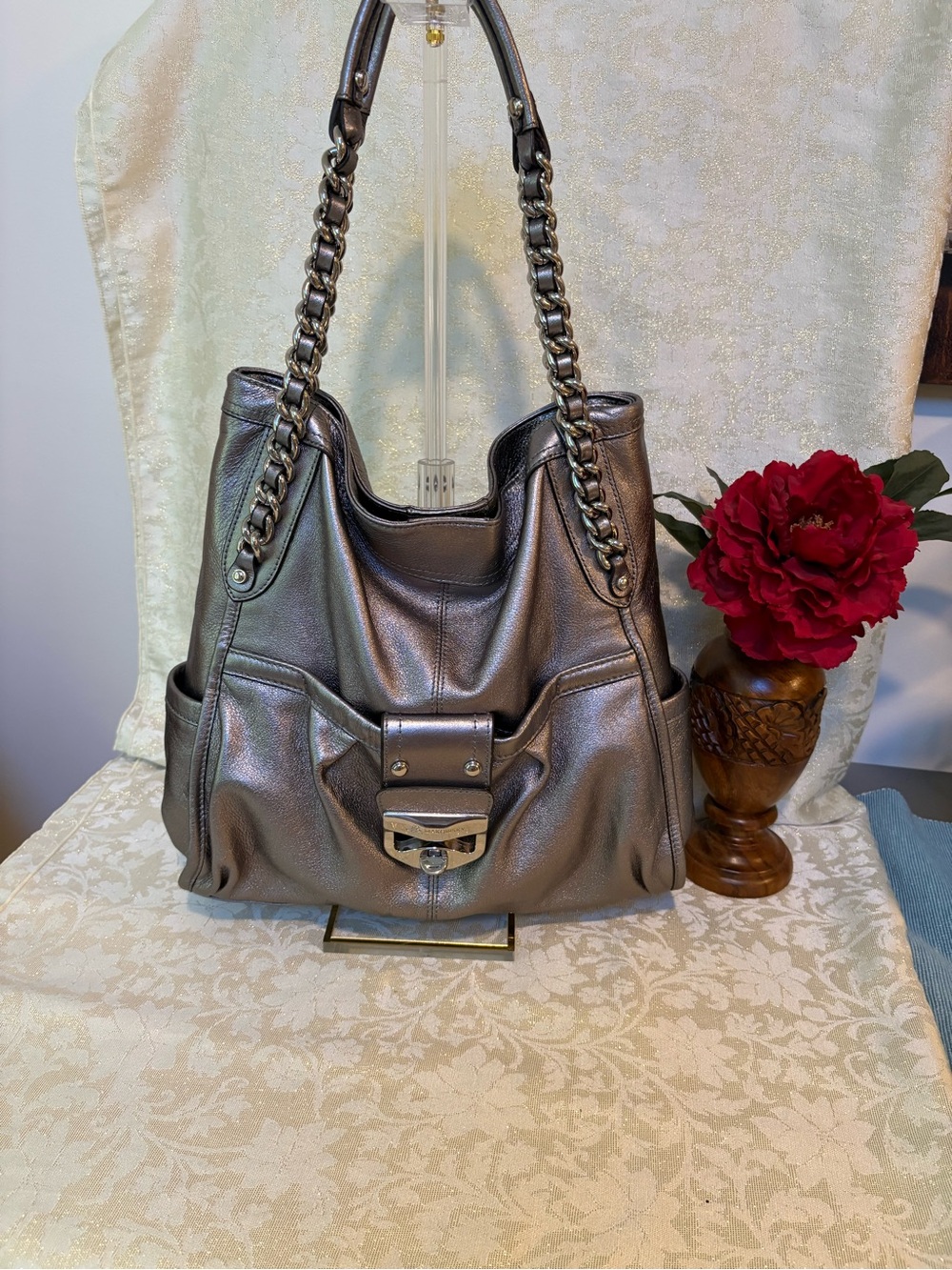 b. makowsky Metallic Pewter Leather Chain-Handle Shoulder Bag